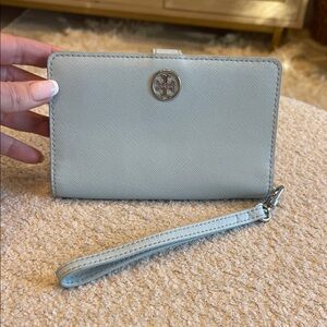 Tory Burch Light Blue Leather Wristlet with Silver Logo